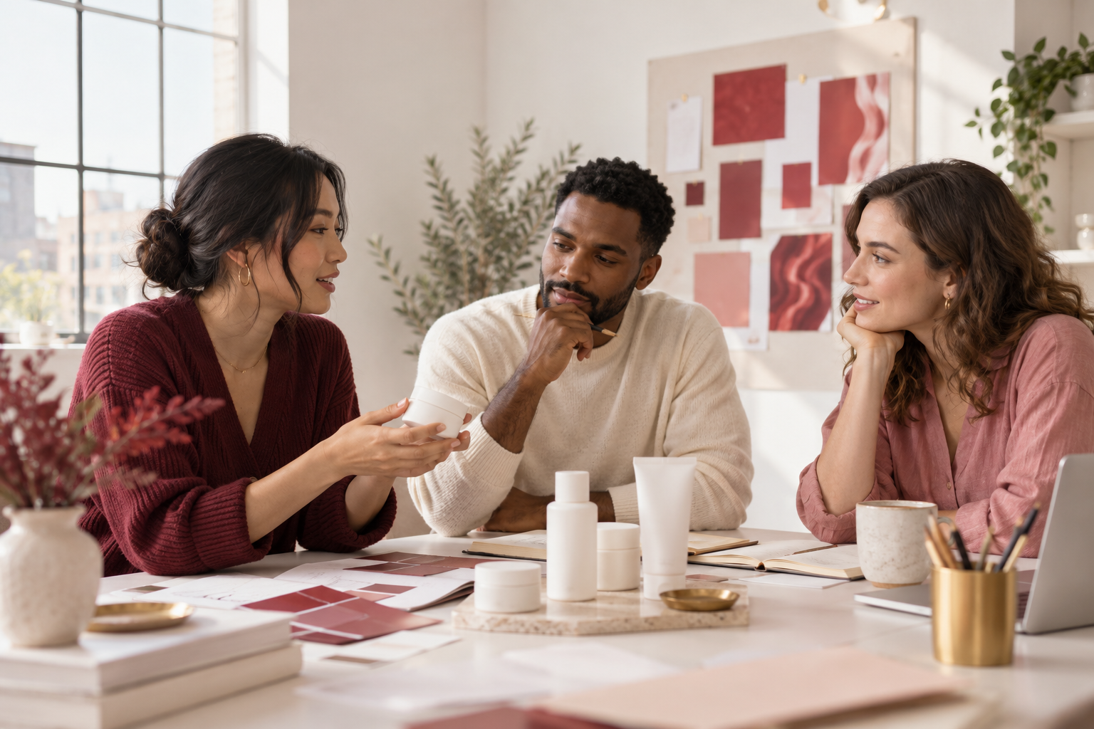 Small wellness brand team discussing product design