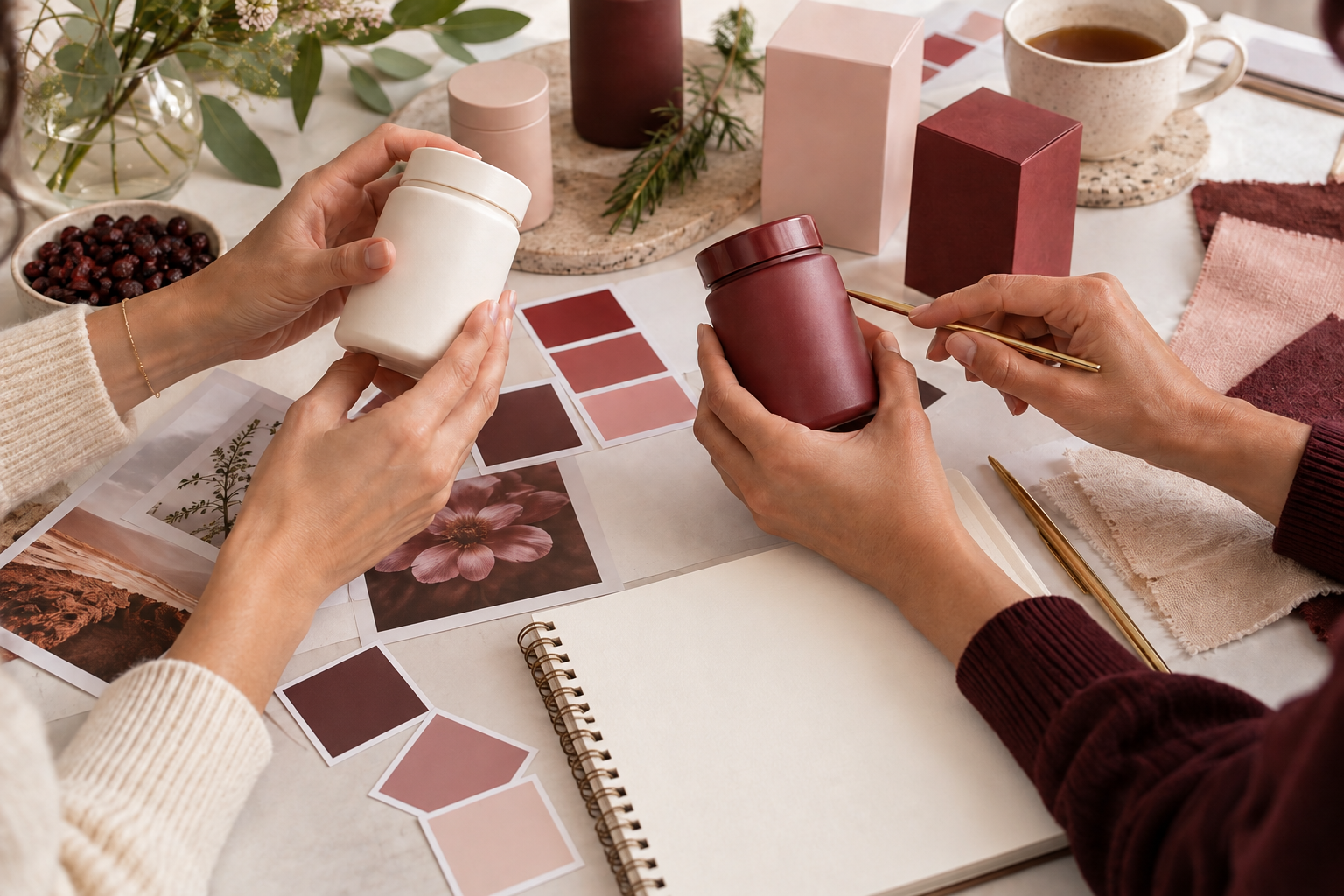 Hands reviewing unbranded packaging prototypes and color swatches