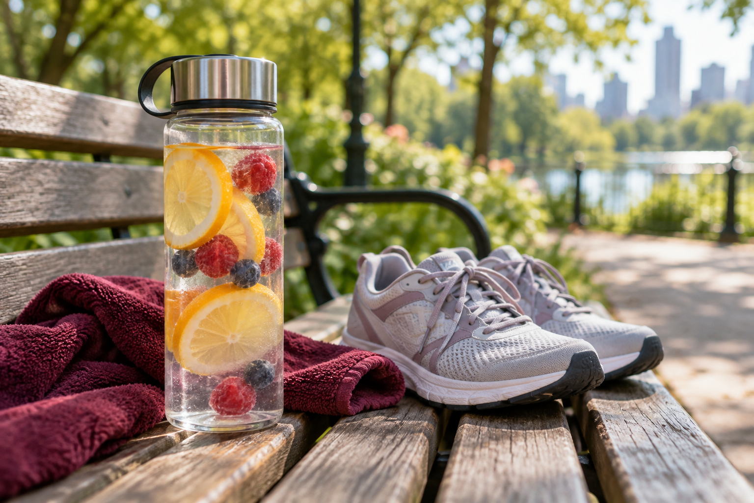 Water bottle and walking shoes on a park bench