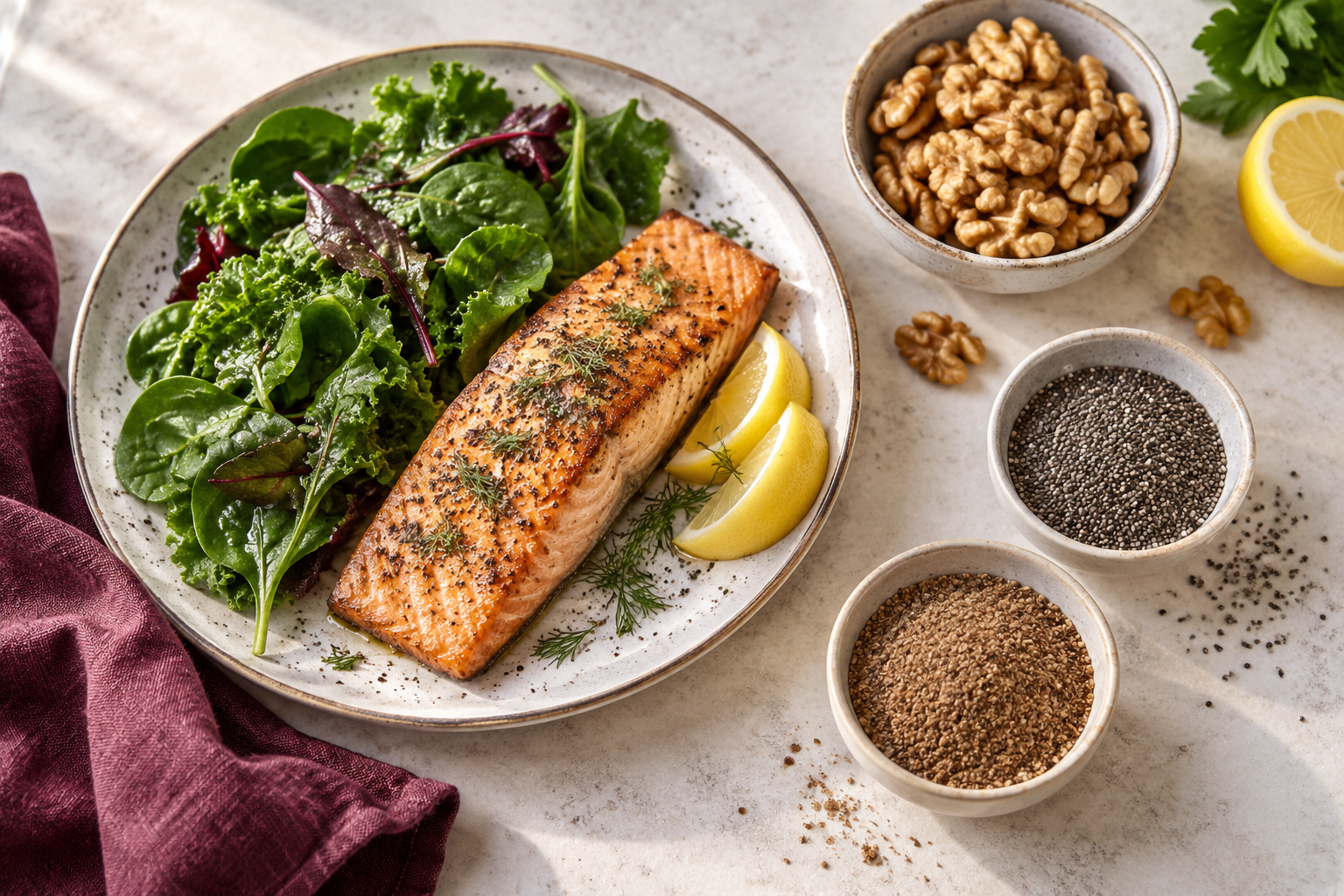 Salmon, walnuts, chia and flax as omega-3 food sources