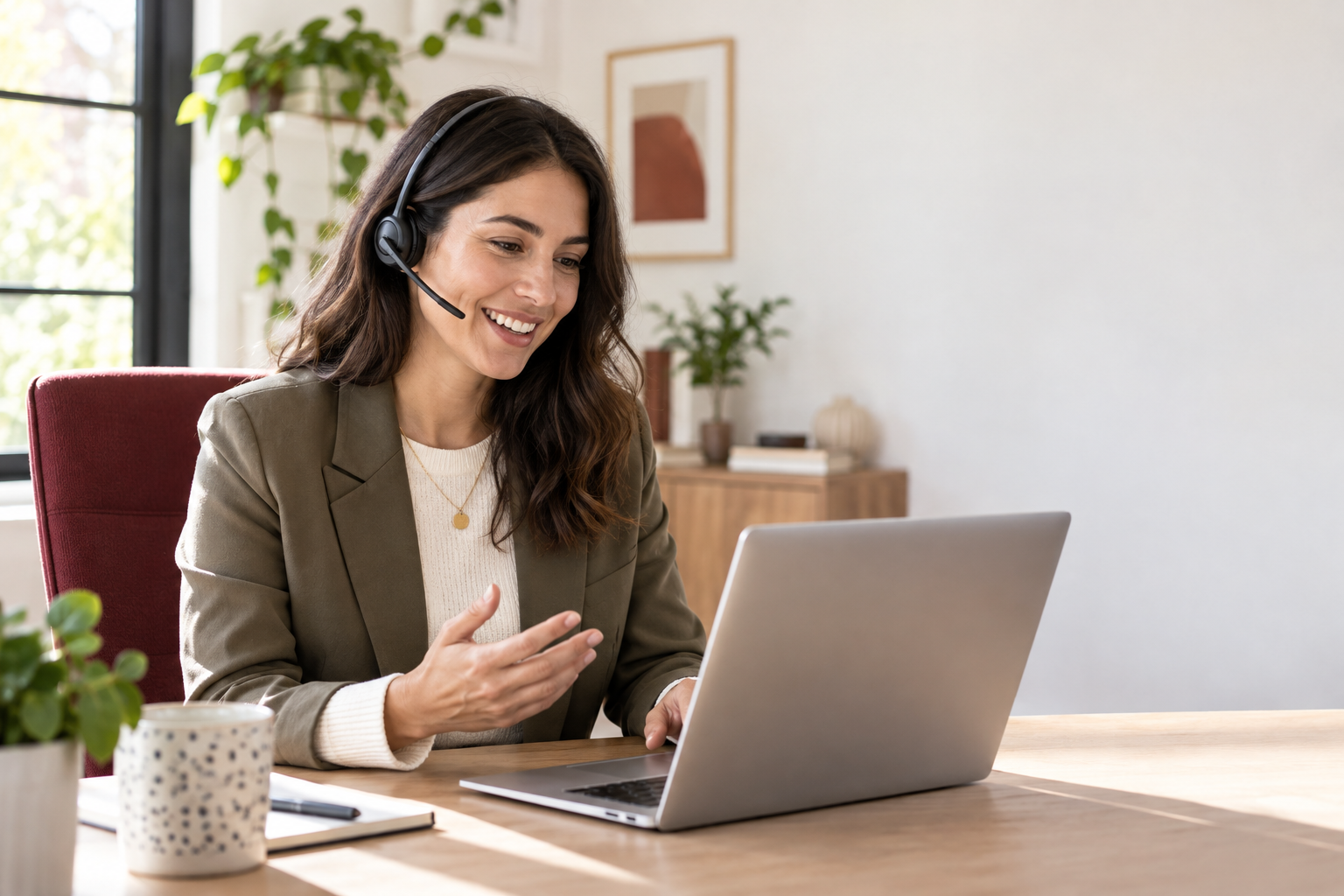 Friendly customer support specialist at a laptop