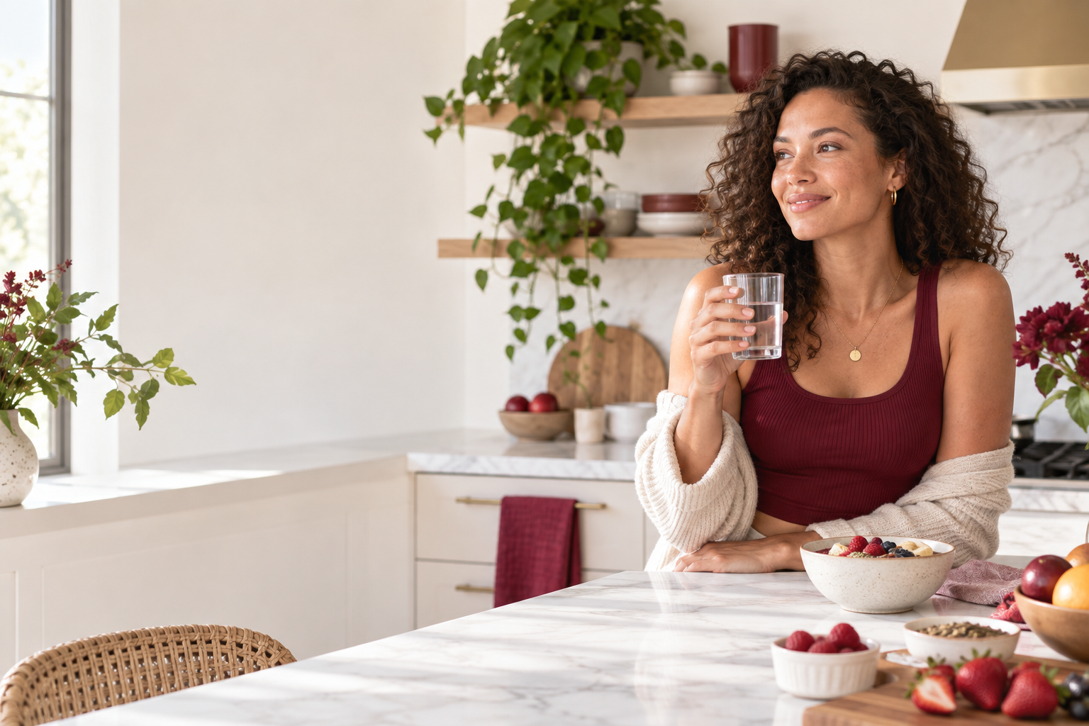 Woman beginning a calm morning wellness routine