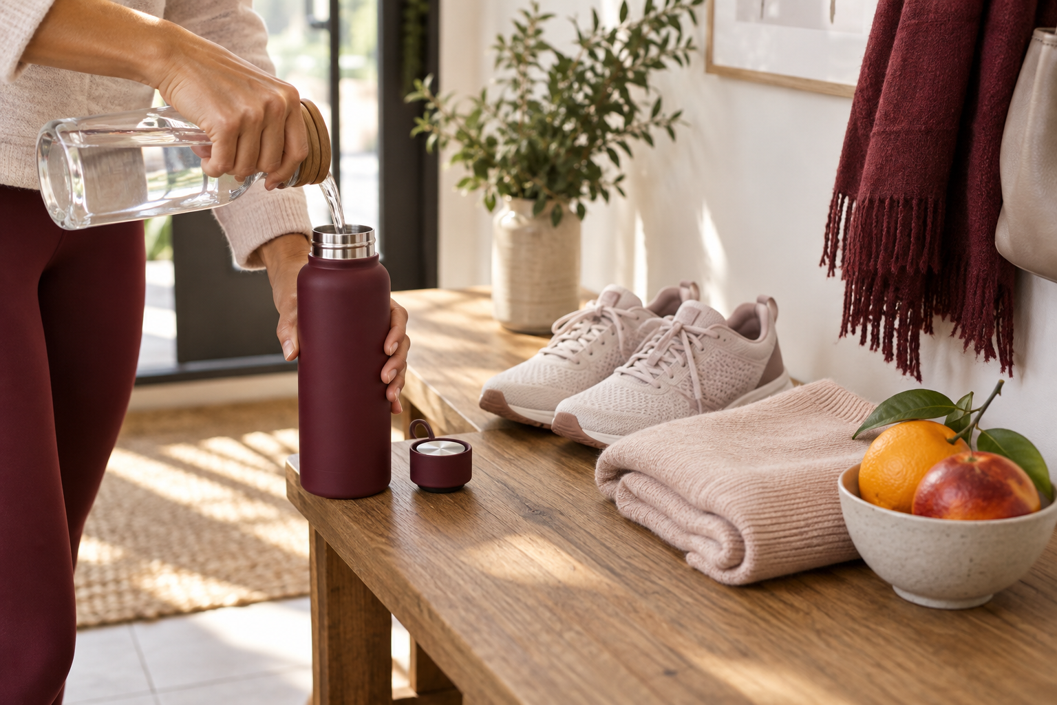 Reusable water bottle and walking shoes prepared for the day